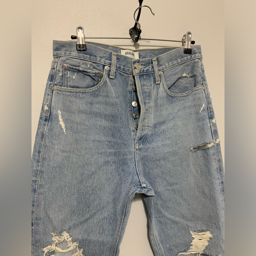 Agolde Blue Distressed Straight Leg Jeans - Picture 12 of 16